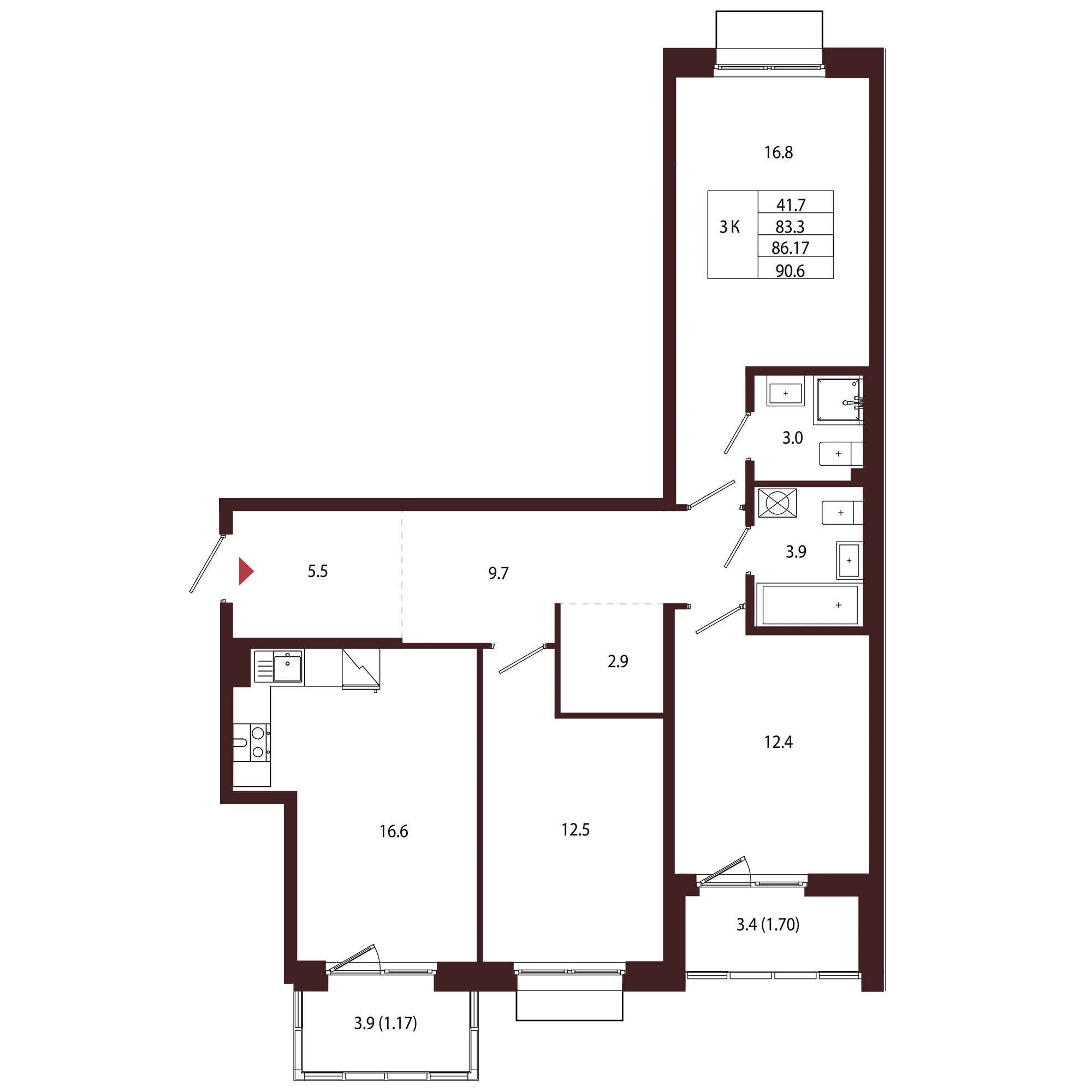 Планировка 3-комнатная 86,2 м² в ЖК «Город-парк «Лисино» — Город-парк «Лисино»