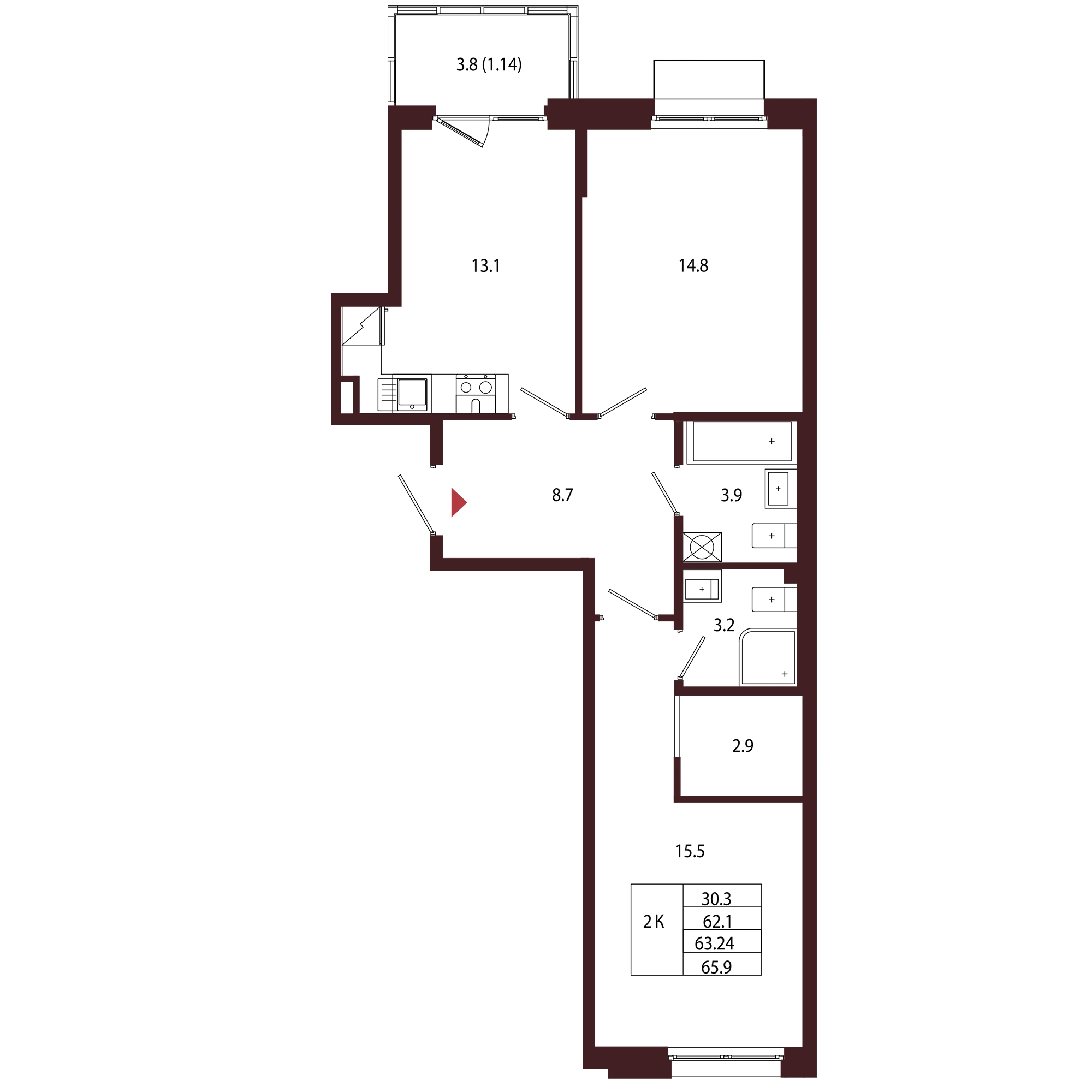 Планировка 2-комнатная 63,2 м² в ЖК «Город-парк «Лисино» — Город-парк «Лисино»