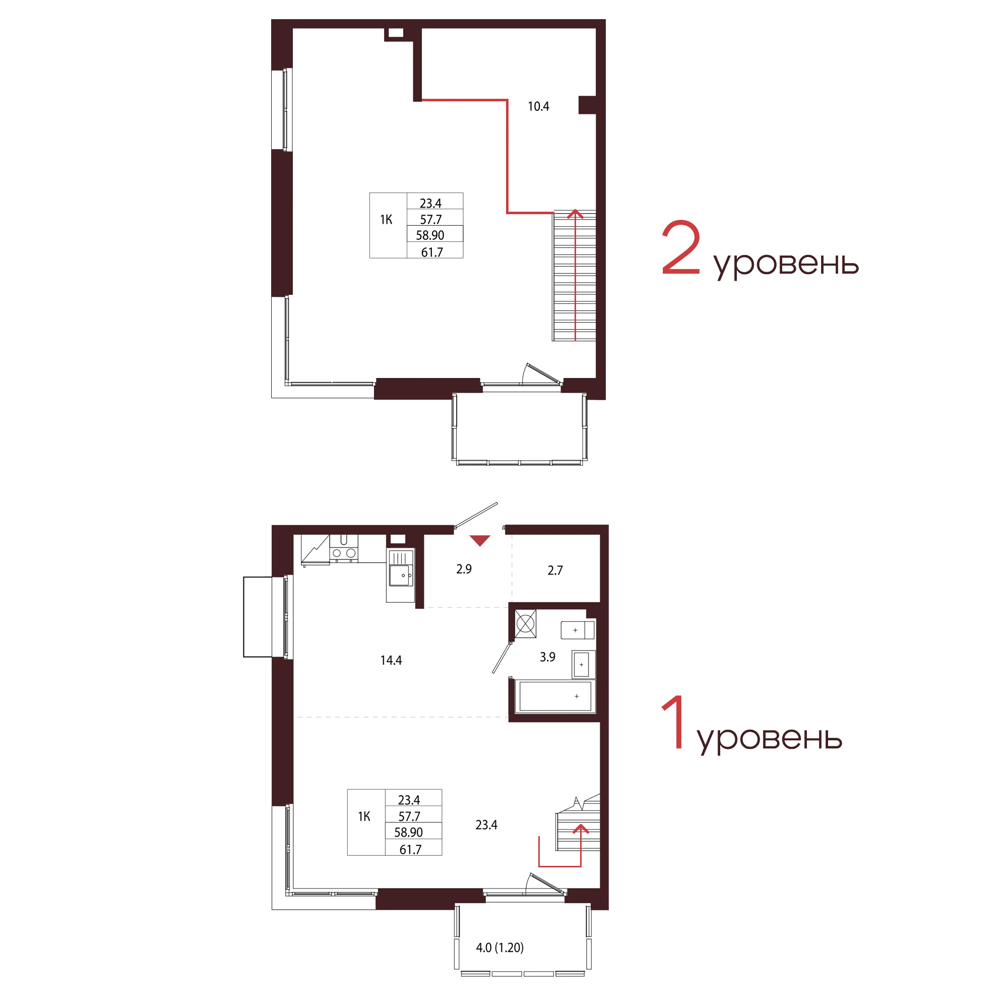 Планировка 1-комнатная 58,9 м² в ЖК «Город-парк «Лисино» — Город-парк «Лисино»