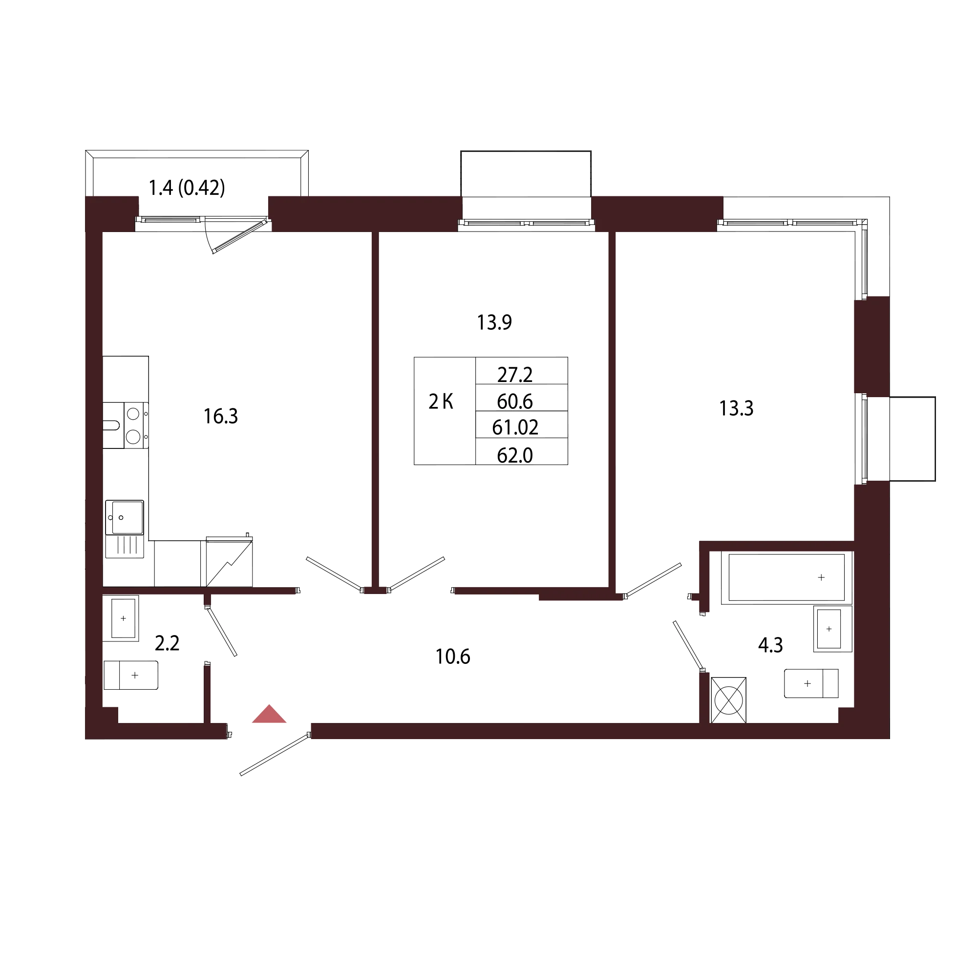 Планировка 2-комнатная 61 м² в ЖК «Город-парк «Лисино» — Город-парк «Лисино»