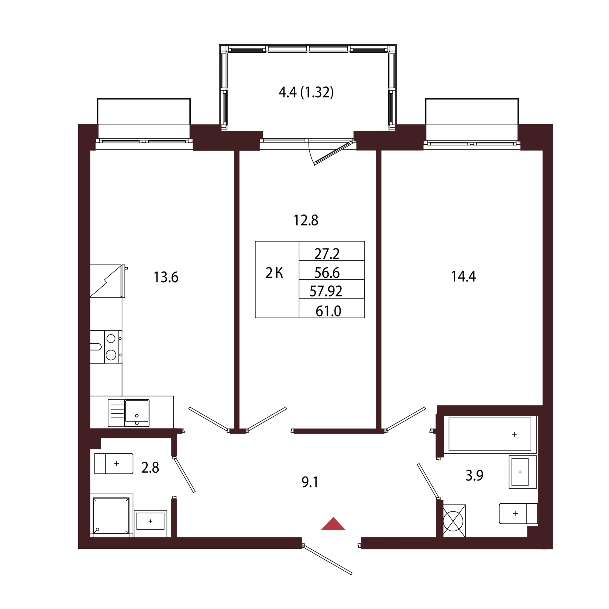 Планировка 2-комнатная 57,9 м² в ЖК «Город-парк «Лисино» — Город-парк «Лисино»