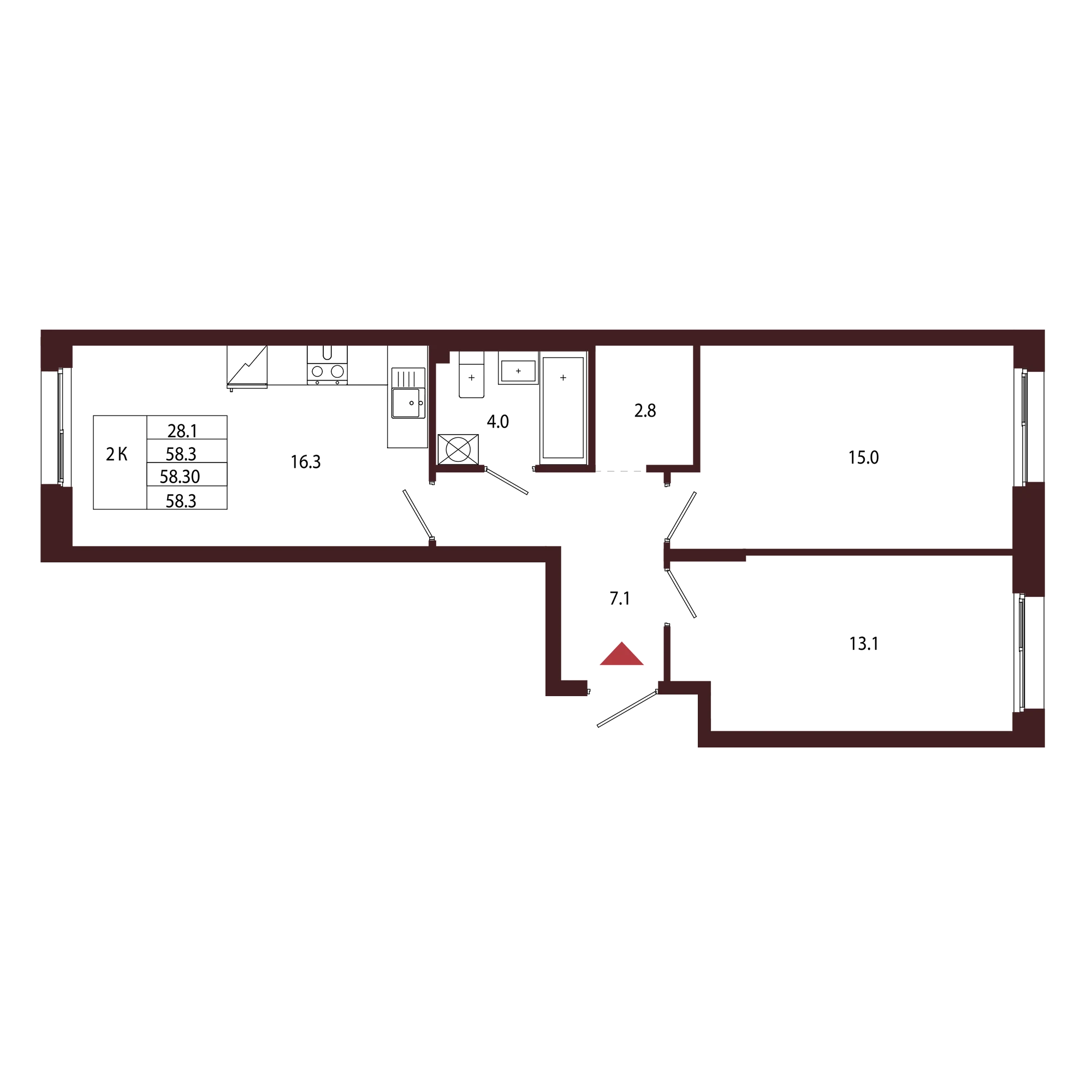 Планировка 2-комнатная 58,3 м² в ЖК «Город-парк «Лисино» — Город-парк «Лисино»