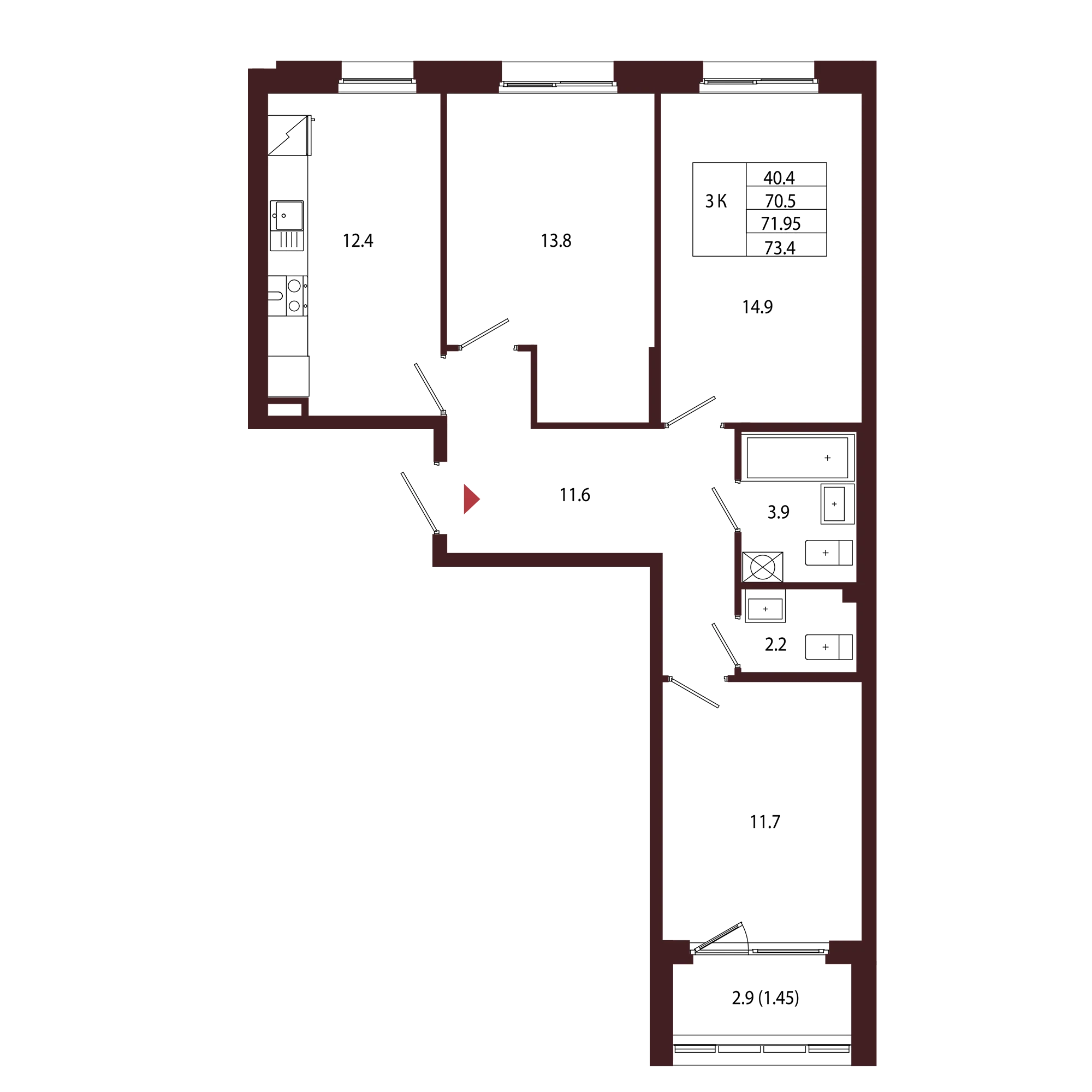 Планировка 3-комнатная 72 м² в ЖК «Город-парк «Лисино» — Город-парк «Лисино»