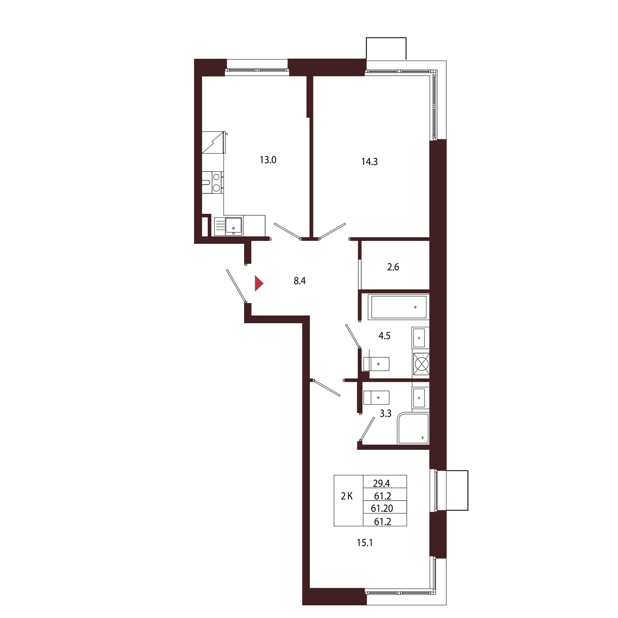 Планировка 2-комнатная 61,2 м² в ЖК «Город-парк «Лисино» — Город-парк «Лисино»