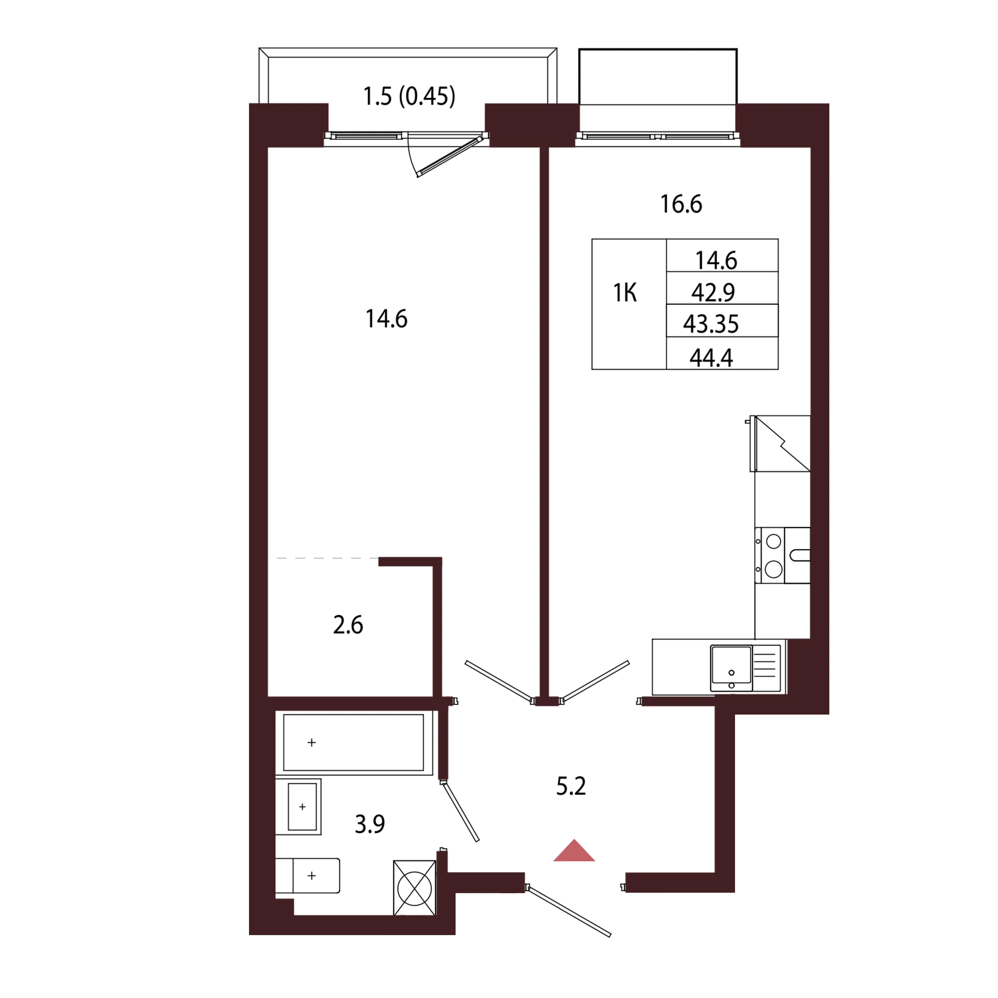 Планировка 1-комнатная 43,4 м² в ЖК «Город-парк «Лисино» — Город-парк «Лисино»