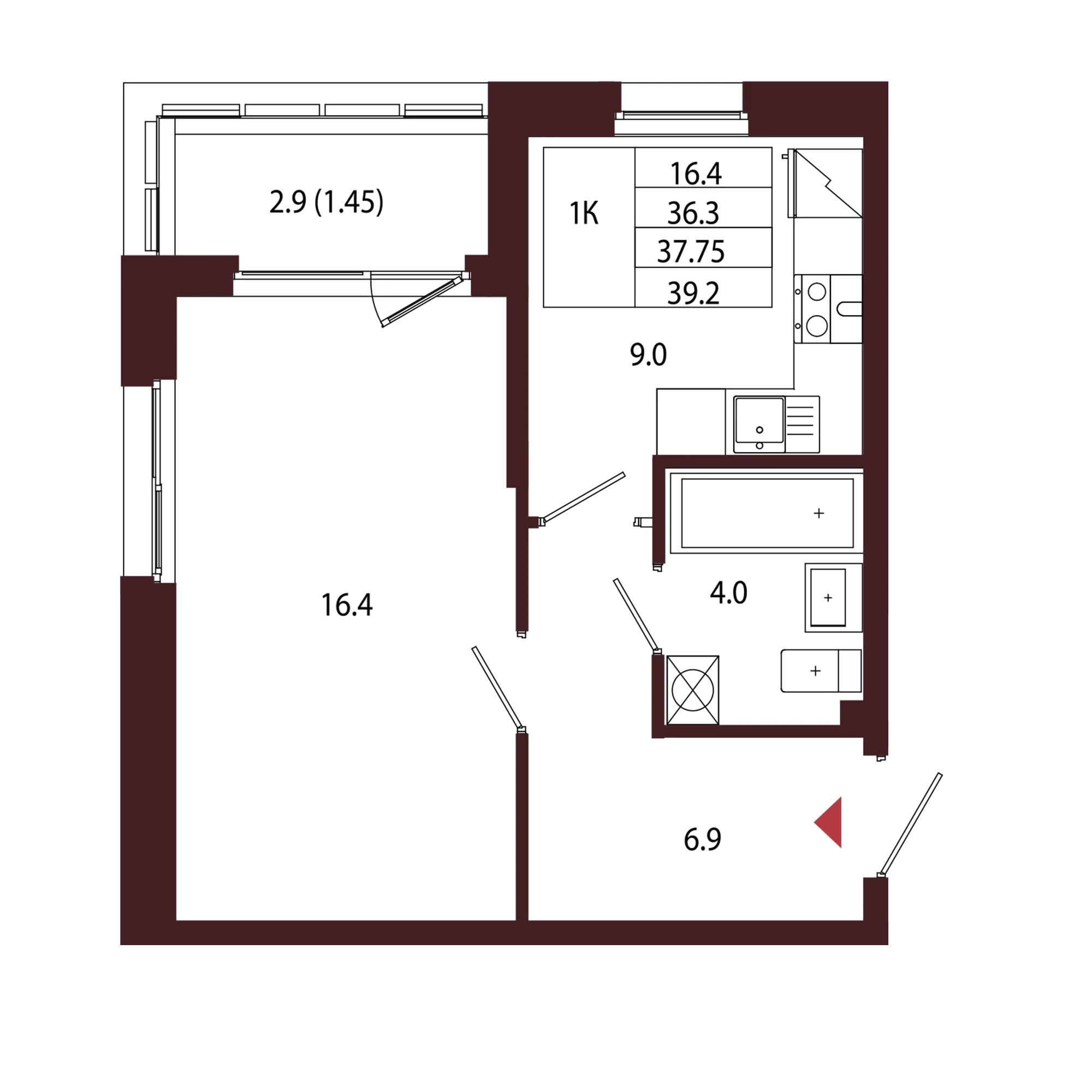 Планировка 1-комнатная 37,8 м² в ЖК «Город-парк «Лисино» — Город-парк «Лисино»