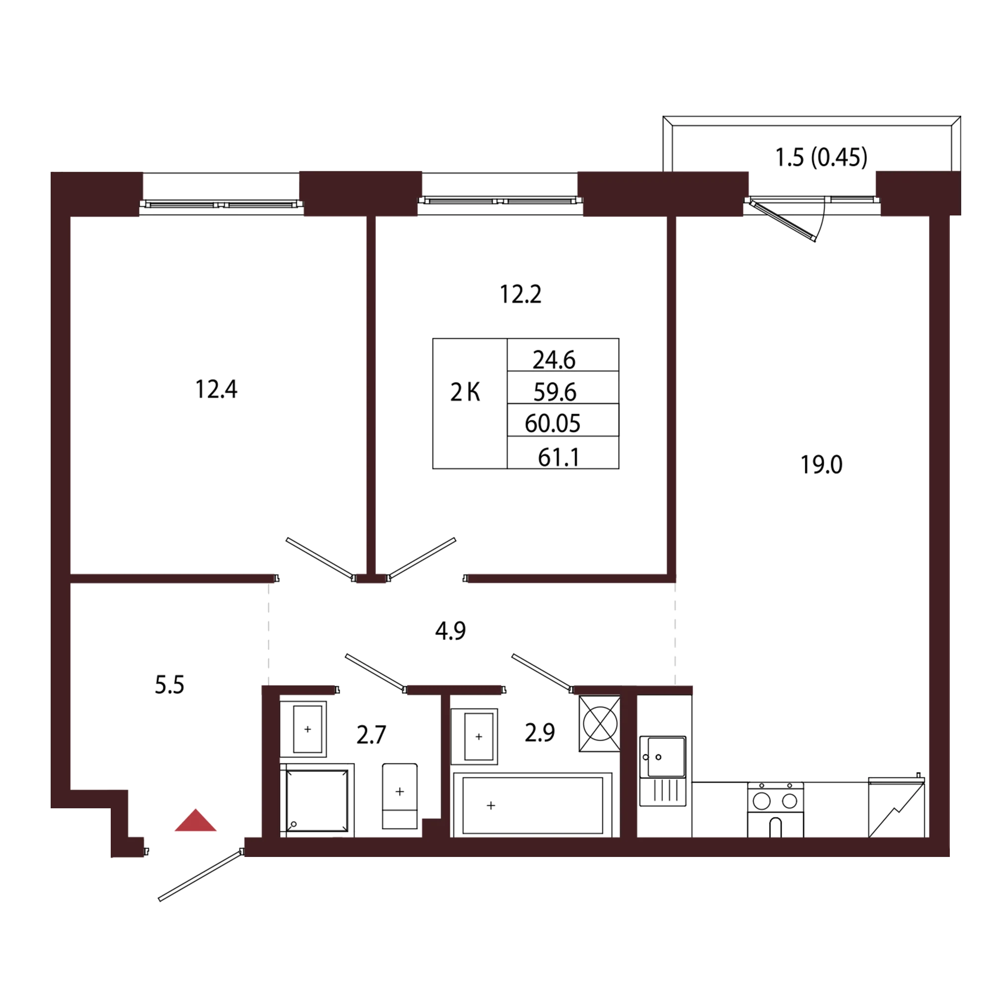 Планировка 2-комнатная 60 м² в ЖК «Город-парк «Лисино» — Город-парк «Лисино»