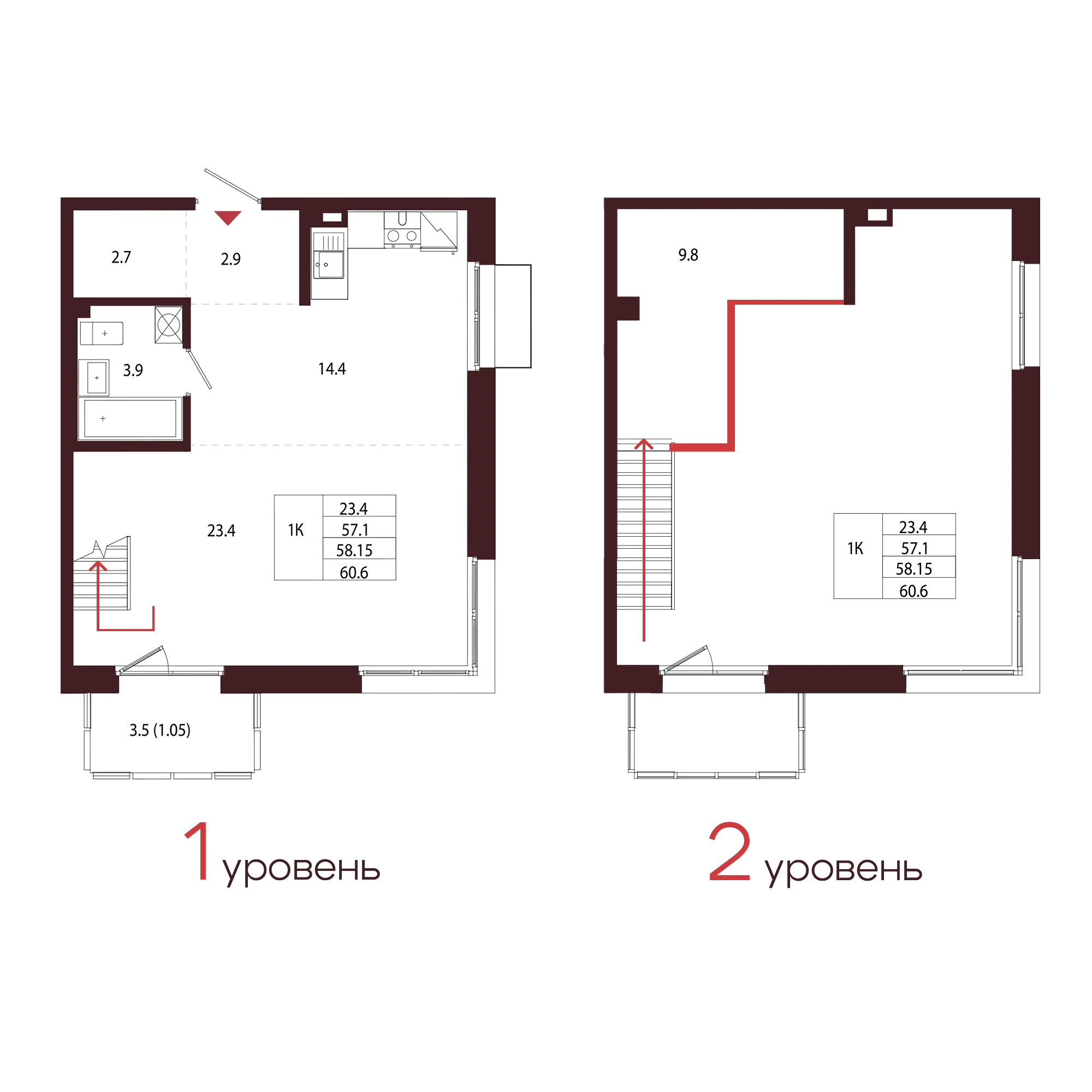 Планировка 1-комнатная 58,1 м² в ЖК «Город-парк «Лисино» — Город-парк «Лисино»