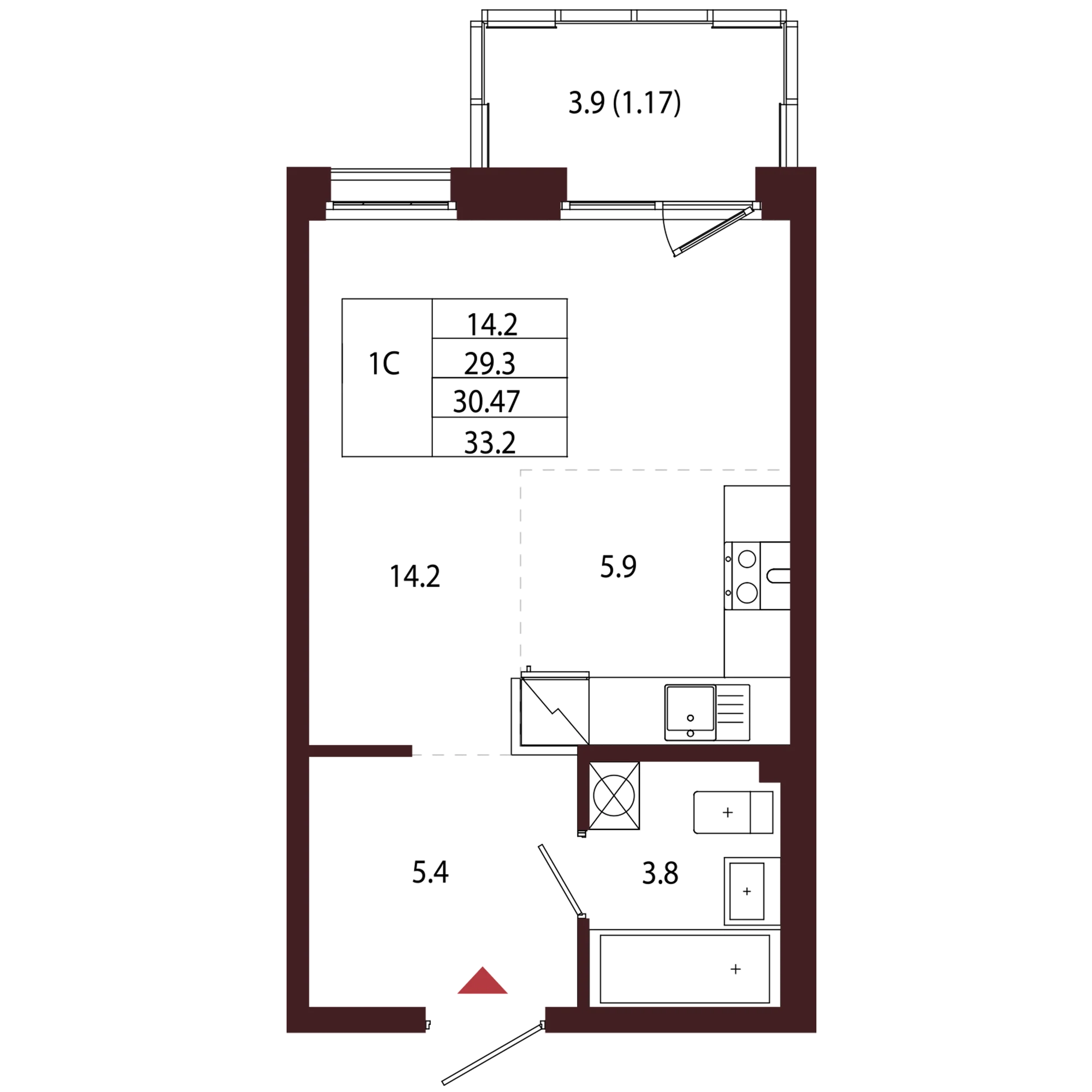 Планировка 1-комнатная 30,5 м² в ЖК «Город-парк «Лисино» — Город-парк «Лисино»