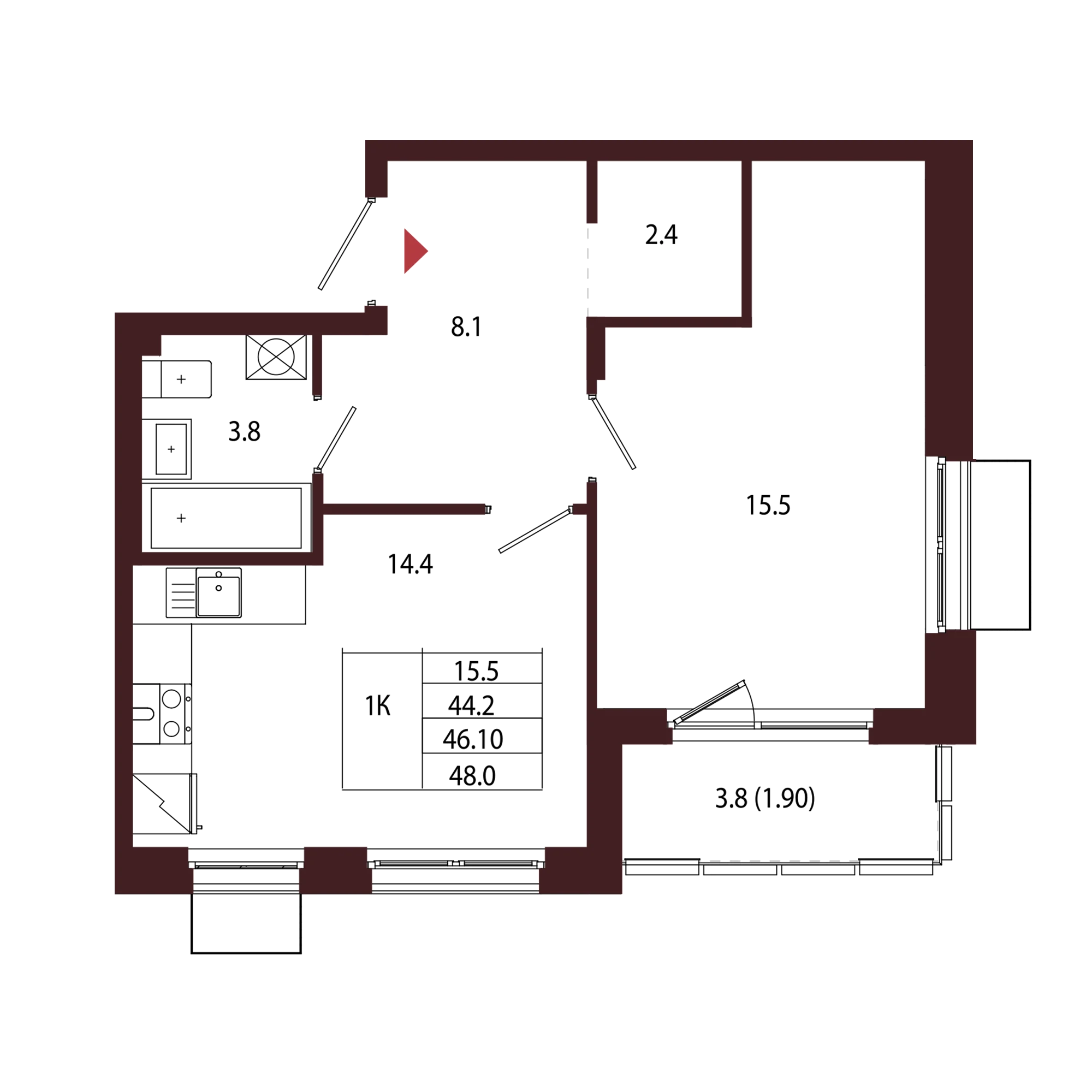 Планировка 1-комнатная 46,1 м² в ЖК «Город-парк «Лисино» — Город-парк «Лисино»