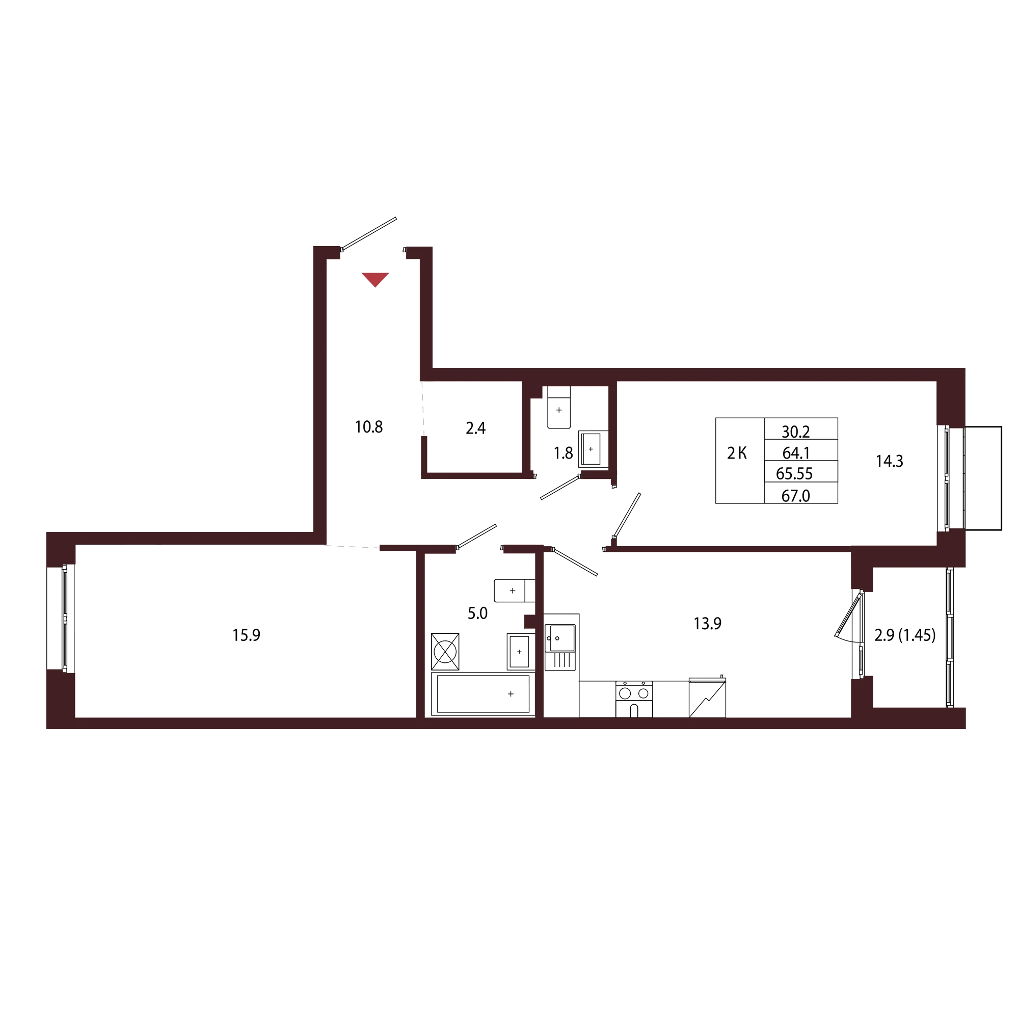 Планировка 2-комнатная 65,5 м² в ЖК «Город-парк «Лисино» — Город-парк «Лисино»