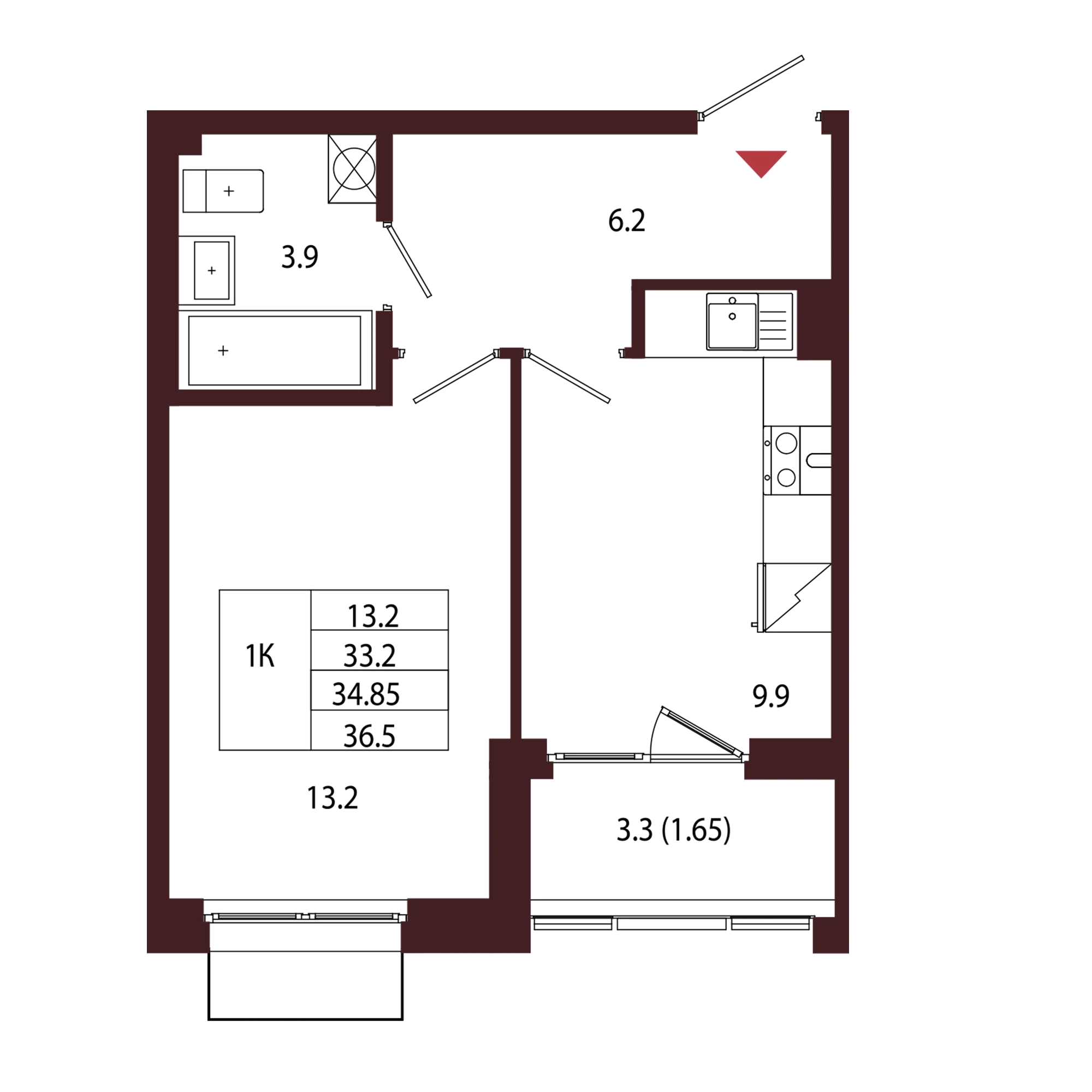 Планировка 1-комнатная 34,9 м² в ЖК «Город-парк «Лисино» — Город-парк «Лисино»